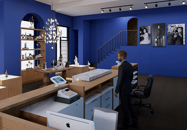 Interior of Jewish Museum Curaçao shop with blue walls and displays.
