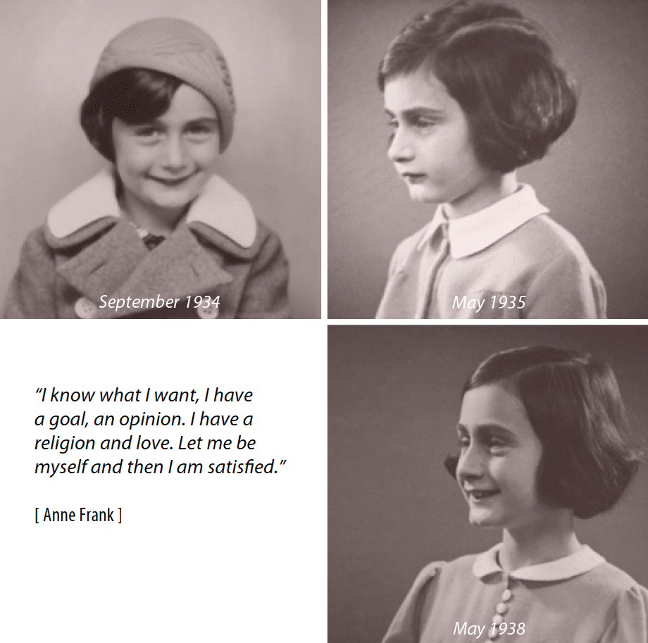 Anne Frank childhood photo collage with quote about identity and love.