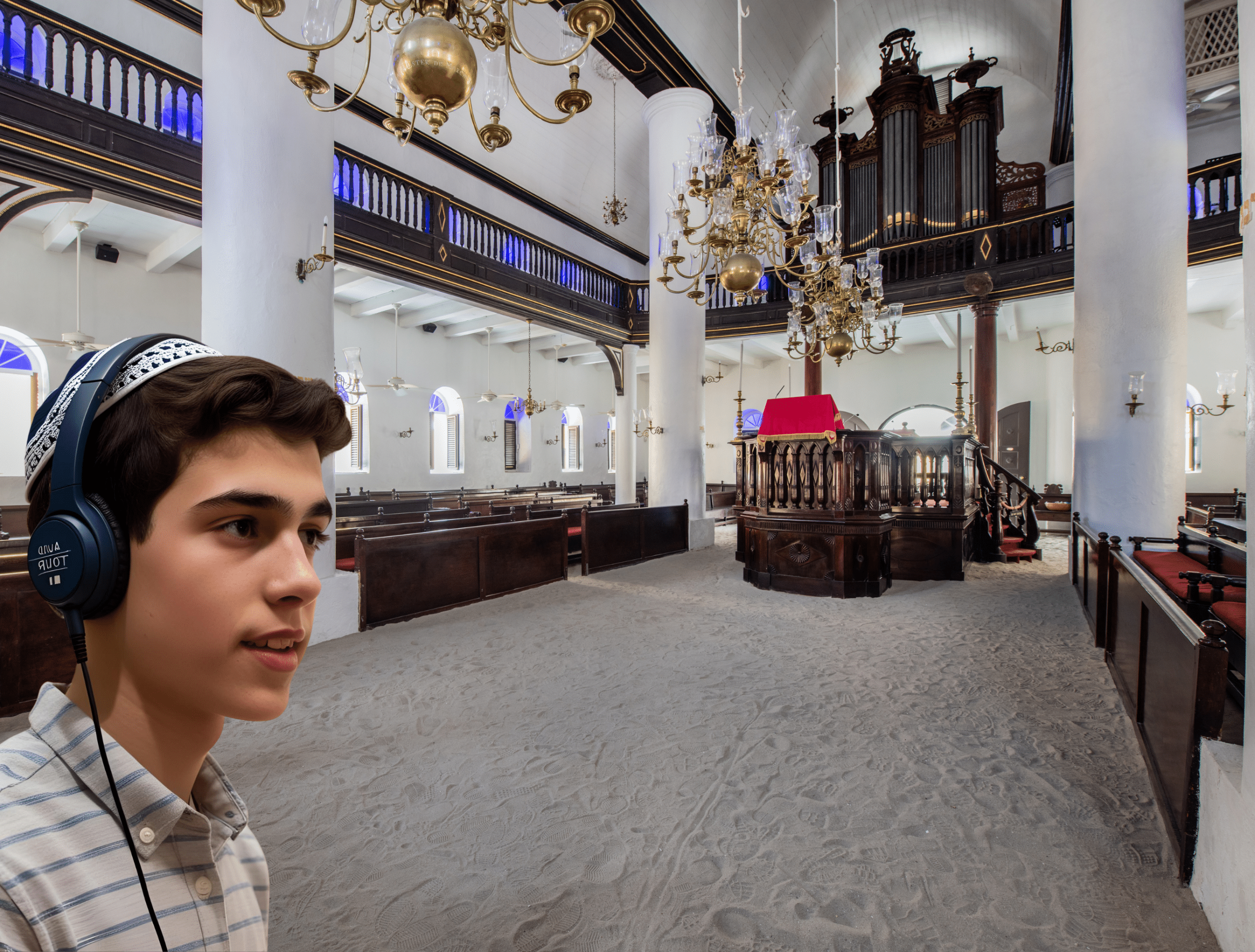 Young visitor on an audio tour inside the historic synagogue of the Jewish Museum Curaçao.